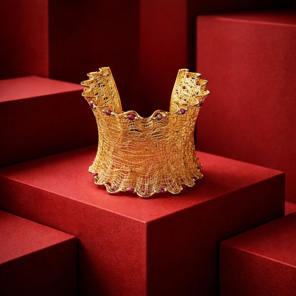 14 AYAR ÖZEL ÜRETİM KIRMIZI GARNET TAŞLI ÖZEL TASARIM TÜL BİLEKLİK