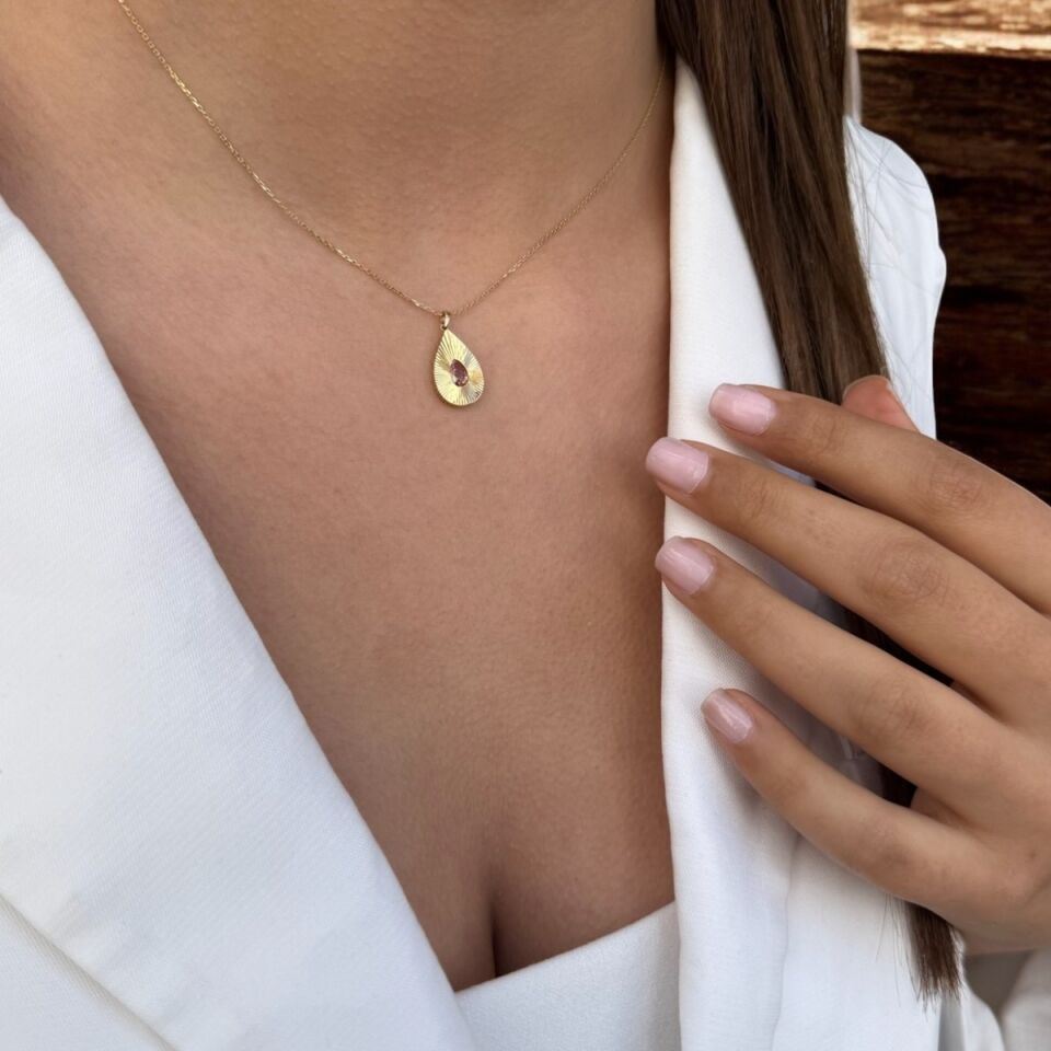 14 Ayar Citrin Taşlı Damla Model Altın Kolye