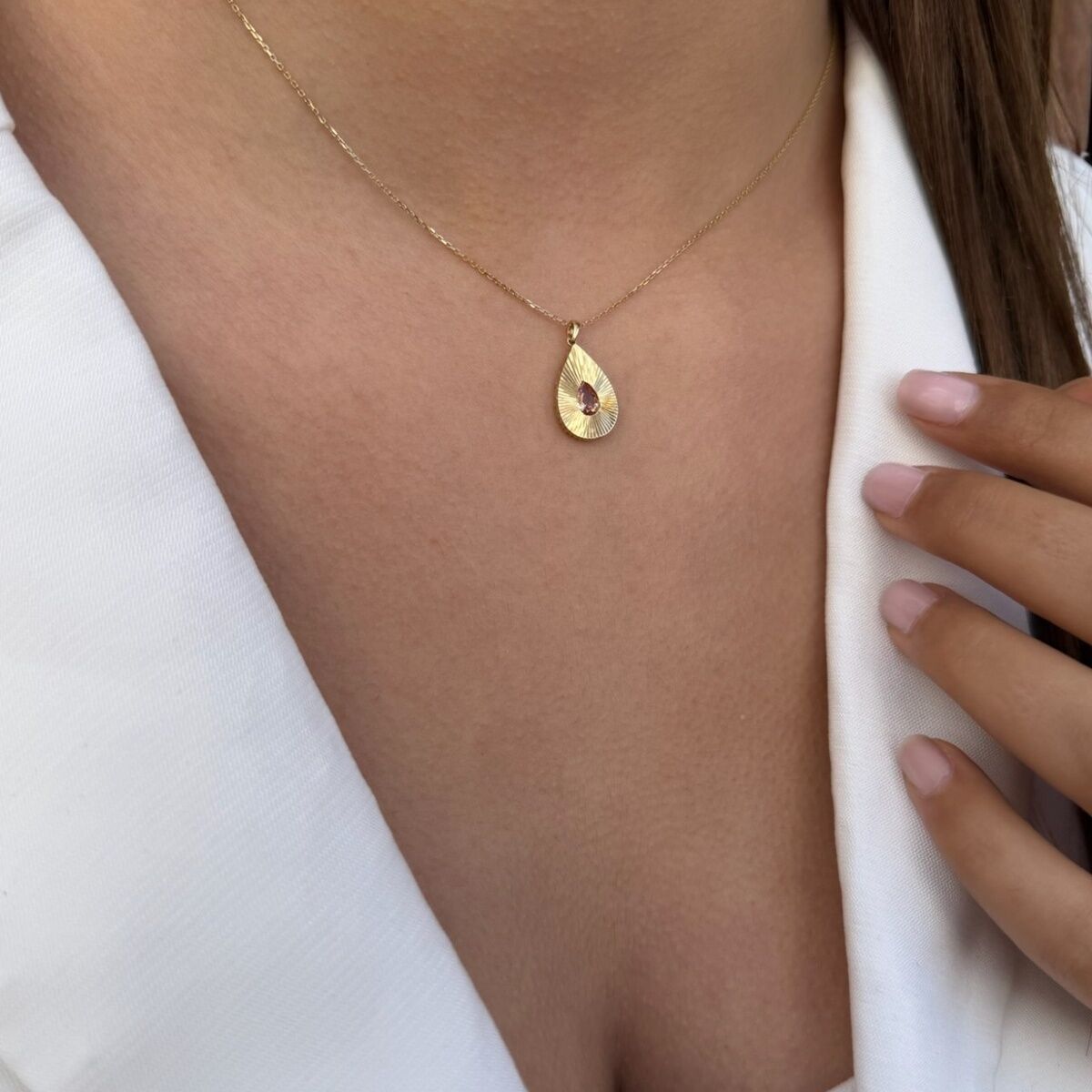 14 Ayar Citrin Taşlı Damla Model Altın Kolye