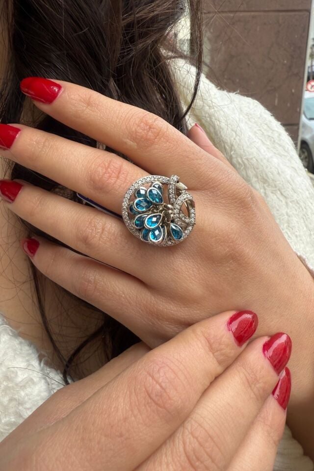 14 AYAR 0,65 CT PIRLANTA TAŞLI 1,35 CT BLUE TOPAZ TAŞLI TASARIM ALTIN YÜZÜK