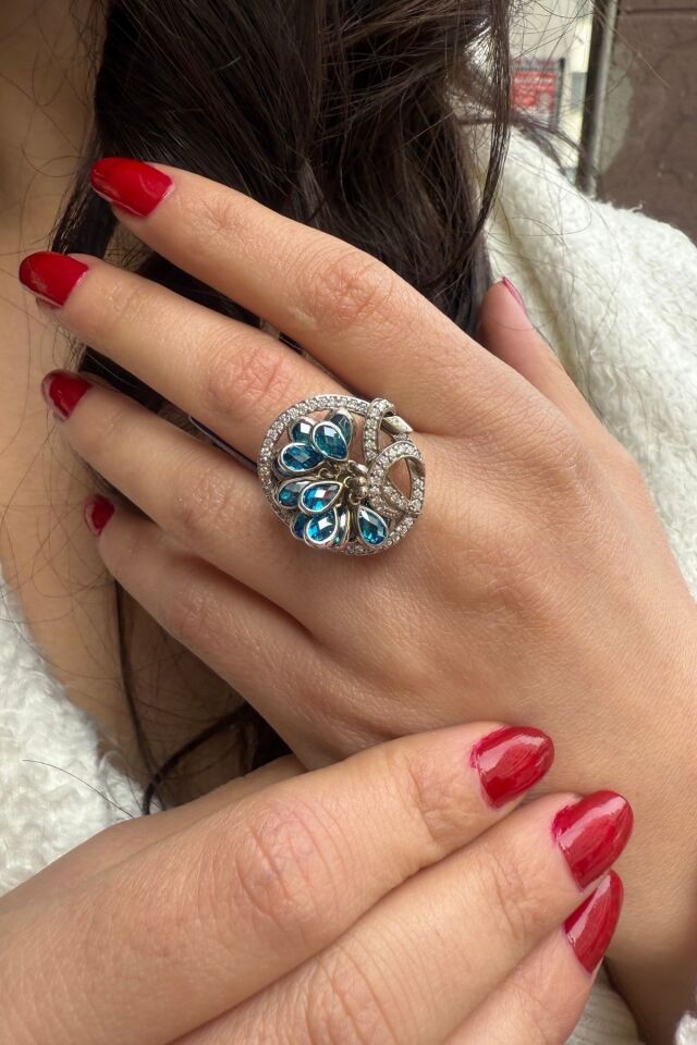 14 AYAR 0,65 CT PIRLANTA TAŞLI 1,35 CT BLUE TOPAZ TAŞLI TASARIM ALTIN YÜZÜK