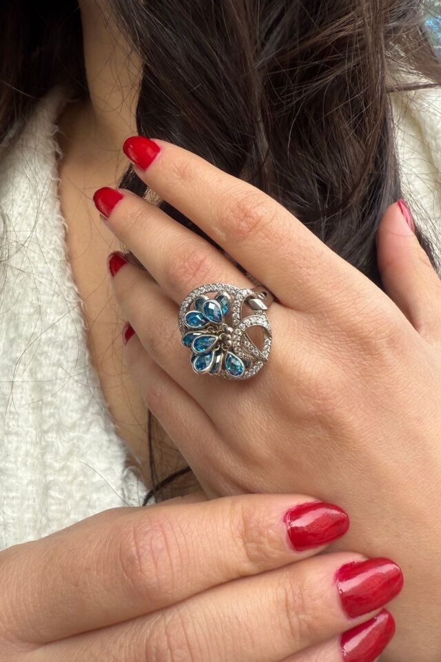 14 AYAR 0,65 CT PIRLANTA TAŞLI 1,35 CT BLUE TOPAZ TAŞLI TASARIM ALTIN YÜZÜK