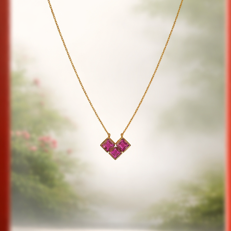 14 AYAR ÖZEL TASARIM ÜÇ TAŞLI KALP KOLYE