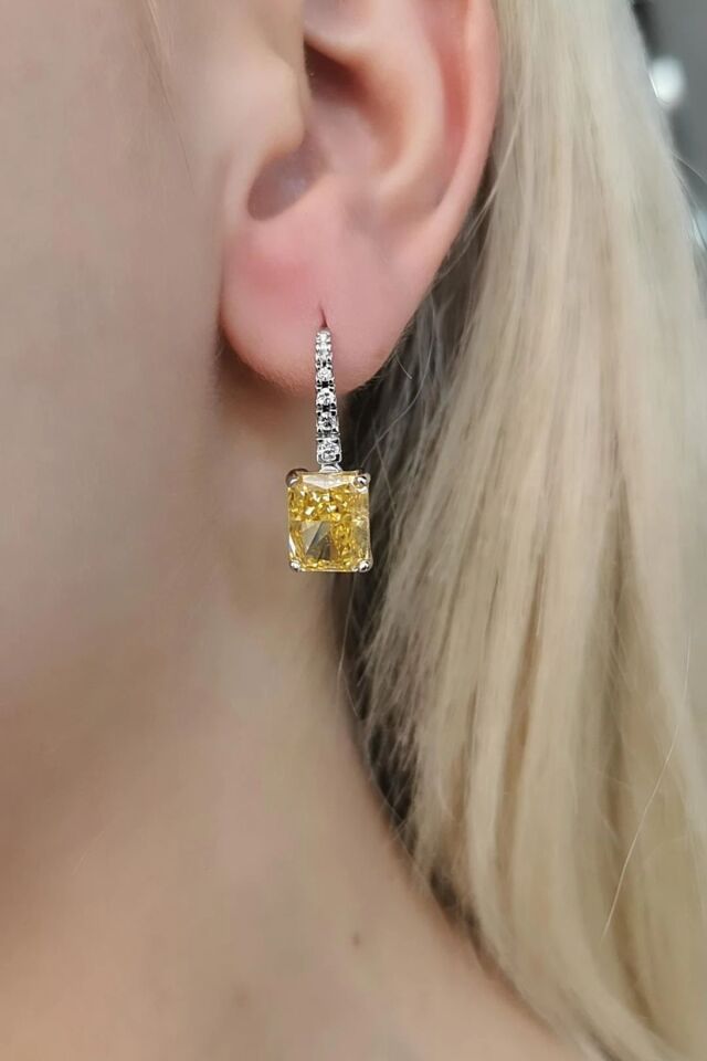 14 AYAR 15,01 CT SARI SAFİR FANCY TAŞLI  0,21 CT PIRLANTA TAŞLI ÖZEL TASARIM ALTIN KÜPE