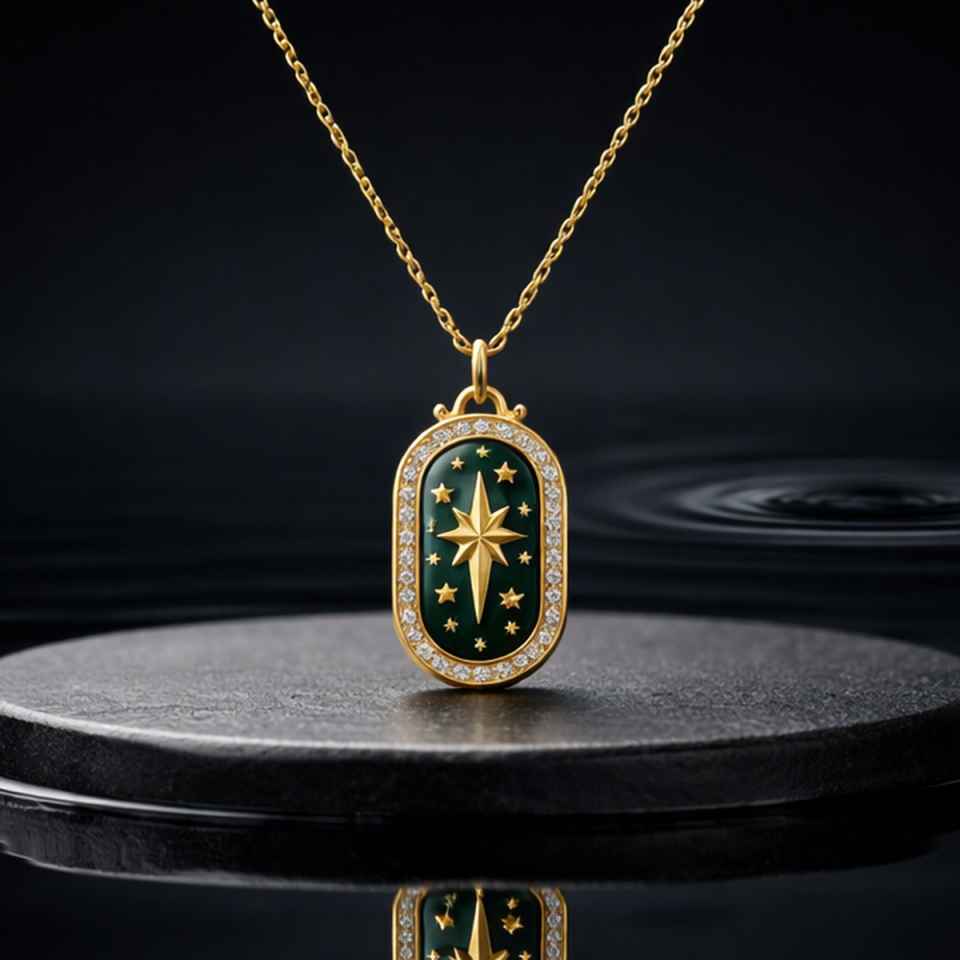 14 AYAR ÖZEL TASARIM YEŞİL MİNELİ KUTUPYILDIZI ALTIN KOLYE