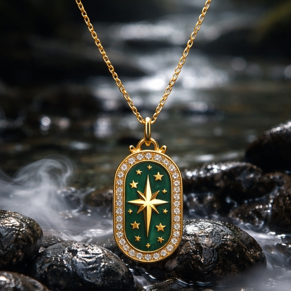 14 AYAR ÖZEL TASARIM YEŞİL MİNELİ KUTUPYILDIZI ALTIN KOLYE