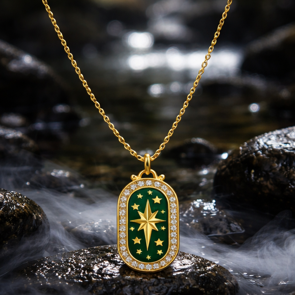 14 AYAR ÖZEL TASARIM YEŞİL MİNELİ KUTUPYILDIZI ALTIN KOLYE