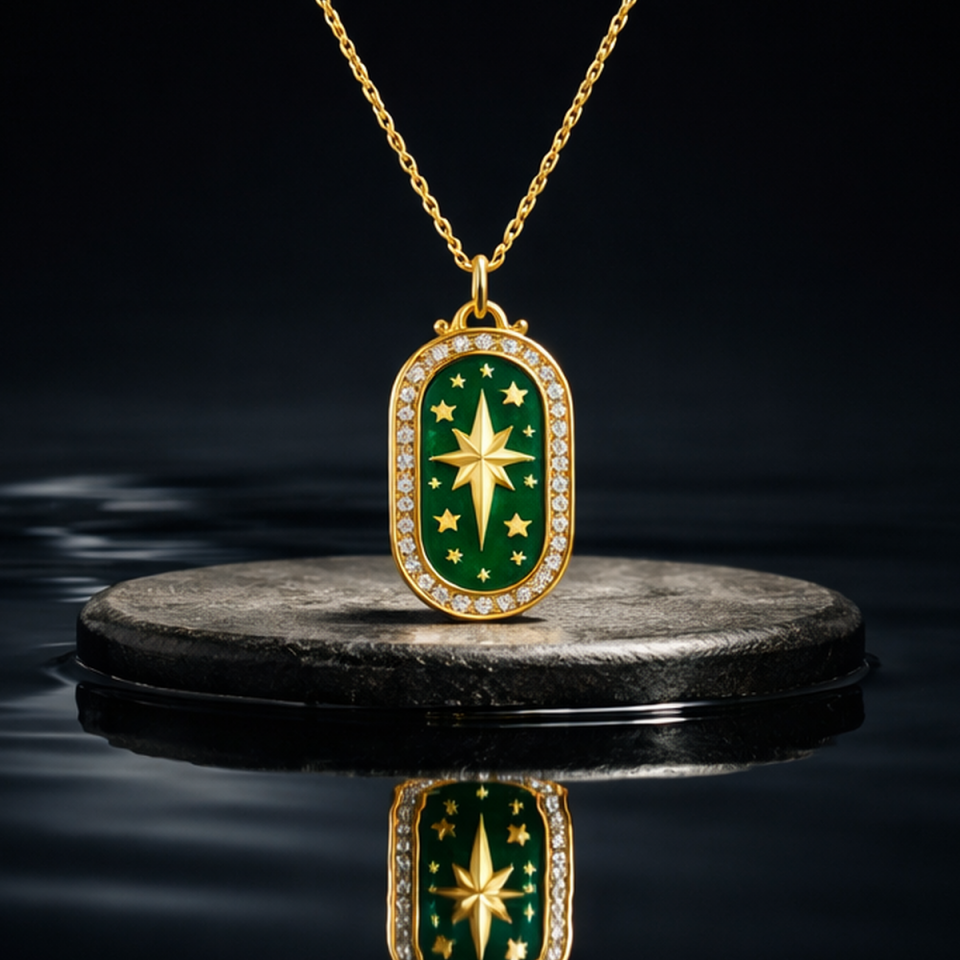 14 AYAR ÖZEL TASARIM YEŞİL MİNELİ KUTUPYILDIZI ALTIN KOLYE