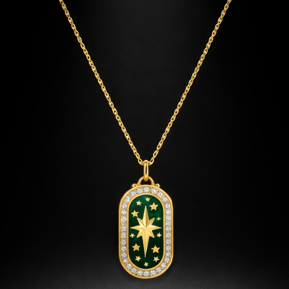 14 AYAR ÖZEL TASARIM YEŞİL MİNELİ KUTUPYILDIZI ALTIN KOLYE