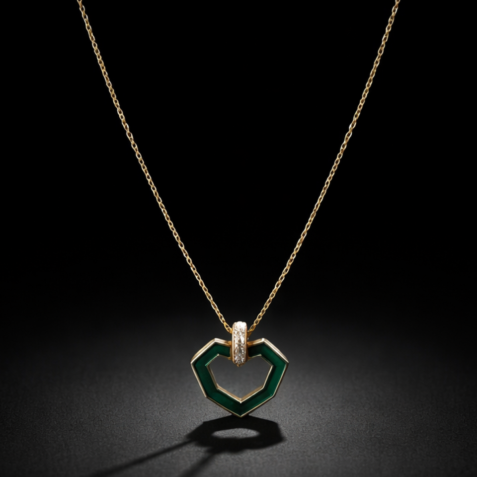 14 AYAR GEOMETRİK MODEL MODERN TASARIM YEŞİL MİNELİ KALP KOLYE