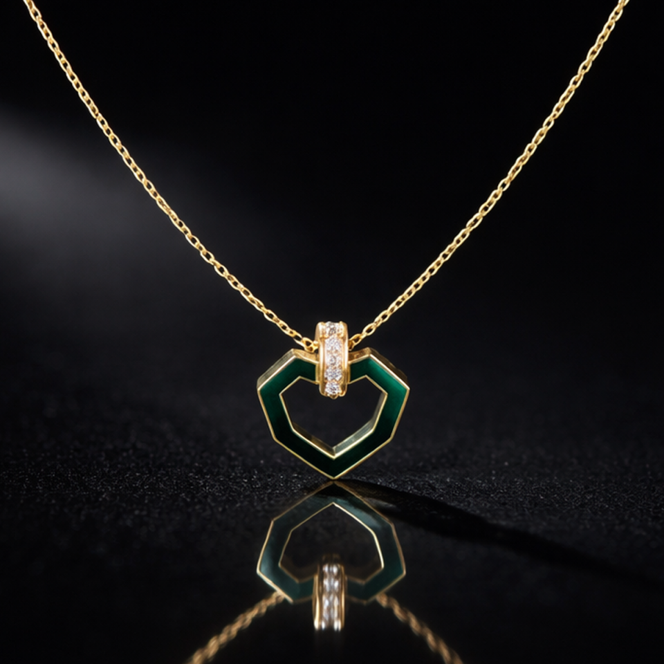 14 AYAR GEOMETRİK MODEL MODERN TASARIM YEŞİL MİNELİ KALP KOLYE