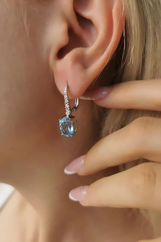 14 AYAR 6,25 CT BLUE TOPAZ TAŞLI  0,21 CT PIRLANTA TAŞLI ÖZEL TASARIM ALTIN KÜPE