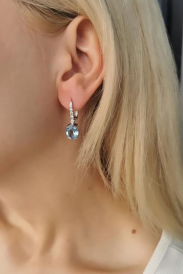 14 AYAR 6,25 CT BLUE TOPAZ TAŞLI  0,21 CT PIRLANTA TAŞLI ÖZEL TASARIM ALTIN KÜPE