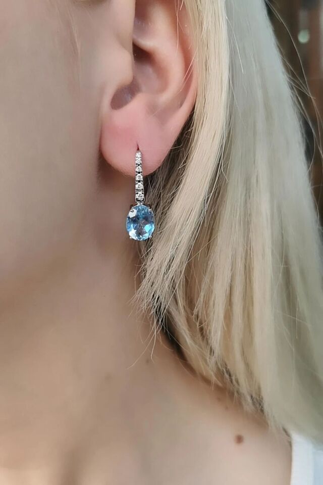 14 AYAR 6,25 CT BLUE TOPAZ TAŞLI  0,21 CT PIRLANTA TAŞLI ÖZEL TASARIM ALTIN KÜPE