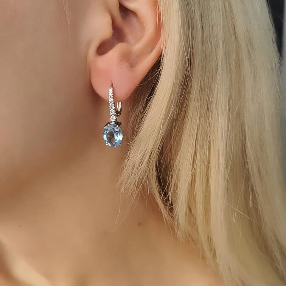 14 AYAR 6,25 CT BLUE TOPAZ TAŞLI  0,21 CT PIRLANTA TAŞLI ÖZEL TASARIM ALTIN KÜPE