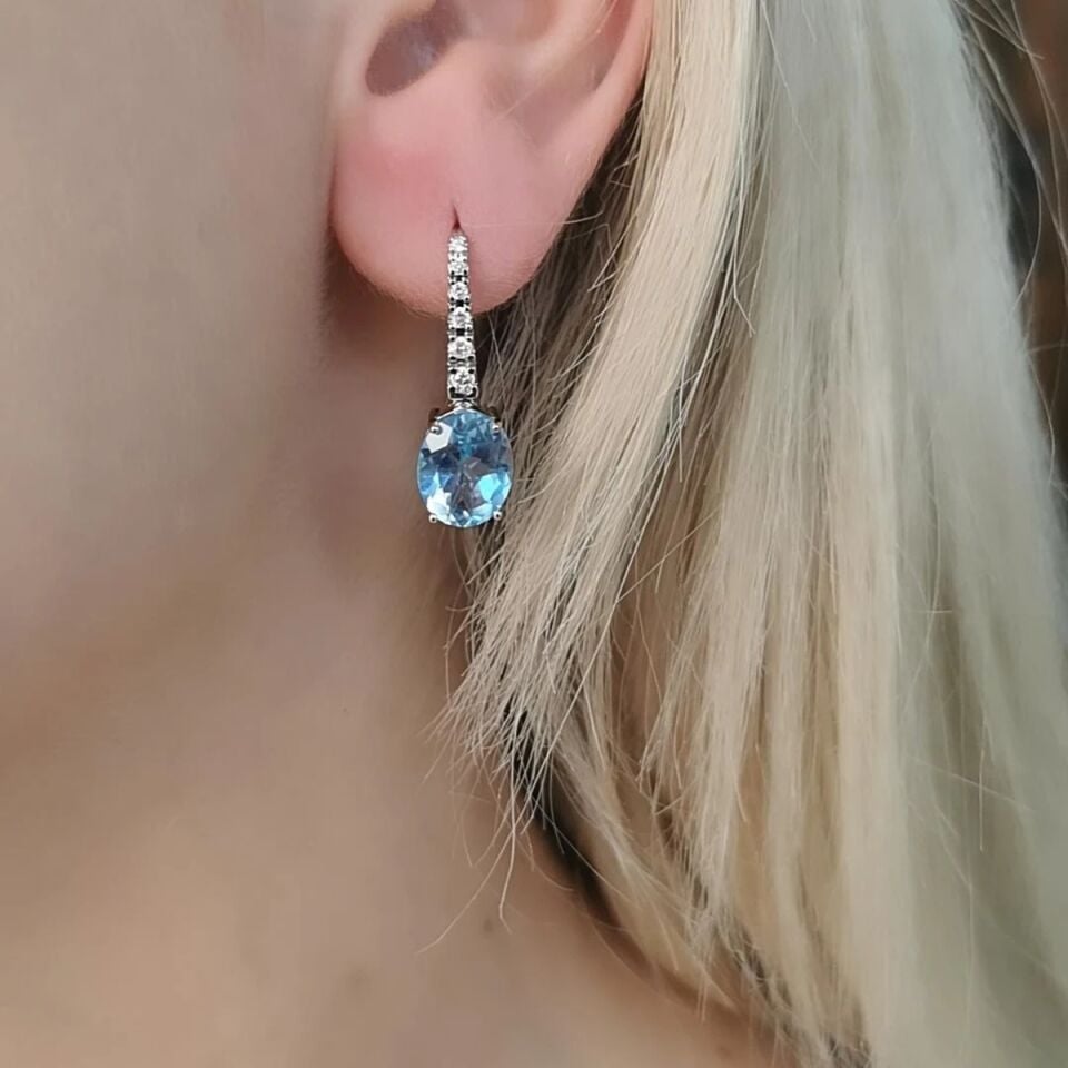 14 AYAR 6,25 CT BLUE TOPAZ TAŞLI  0,21 CT PIRLANTA TAŞLI ÖZEL TASARIM ALTIN KÜPE