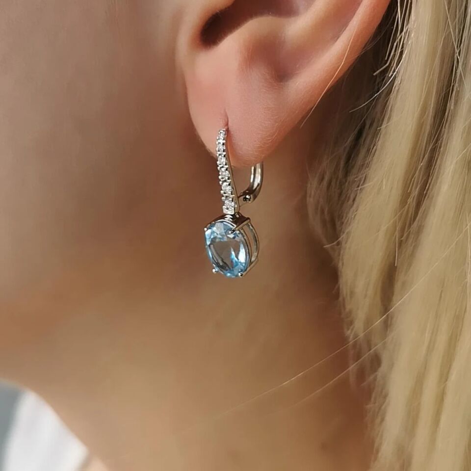 14 AYAR 6,25 CT BLUE TOPAZ TAŞLI  0,21 CT PIRLANTA TAŞLI ÖZEL TASARIM ALTIN KÜPE