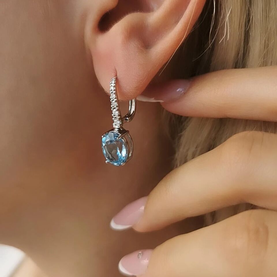 14 AYAR 6,25 CT BLUE TOPAZ TAŞLI  0,21 CT PIRLANTA TAŞLI ÖZEL TASARIM ALTIN KÜPE