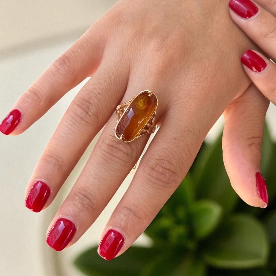 14 AYAR KEHRİBAR TAŞLI ROSE RENGİ TASARIM YÜZÜK