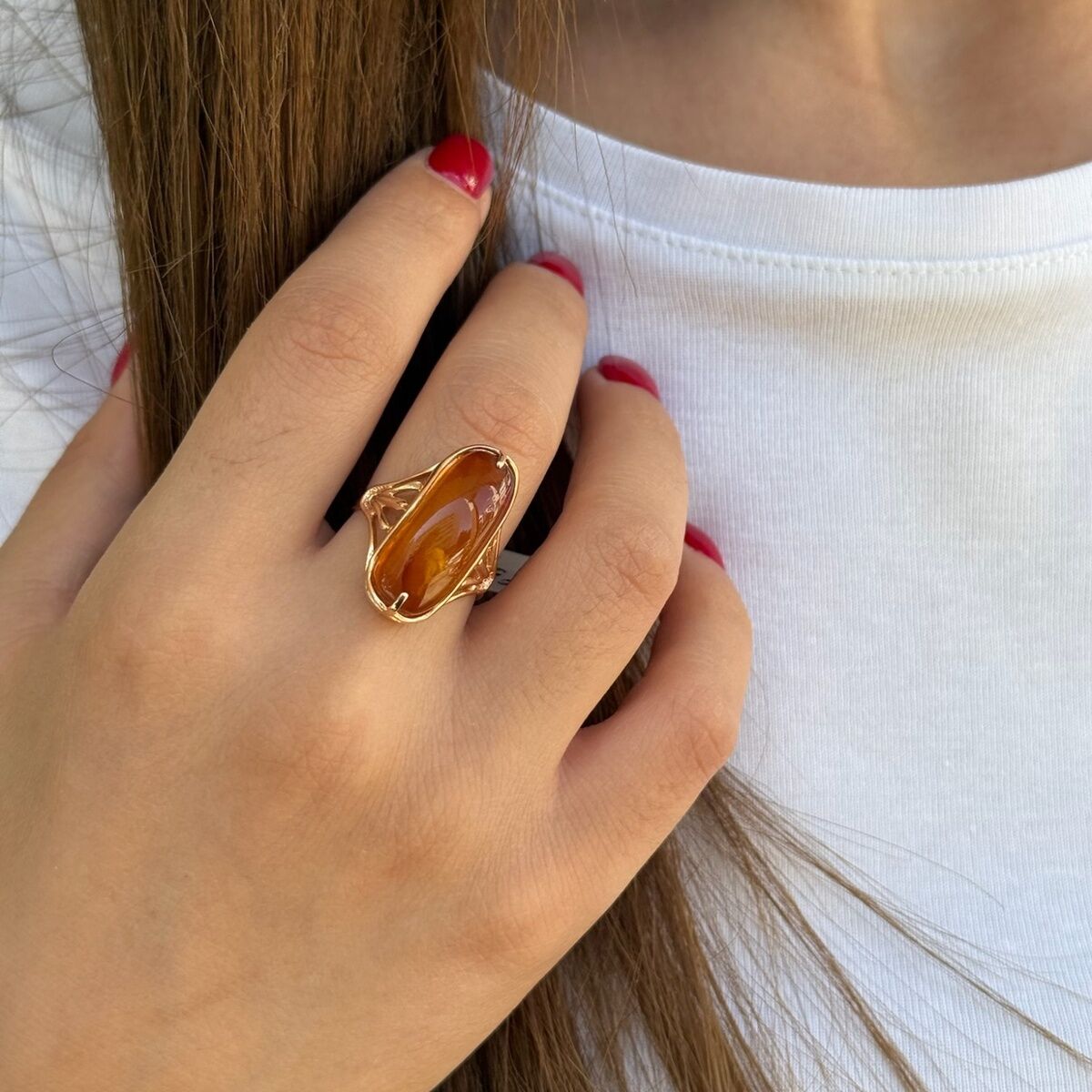 14 AYAR KEHRİBAR TAŞLI ROSE RENGİ TASARIM YÜZÜK