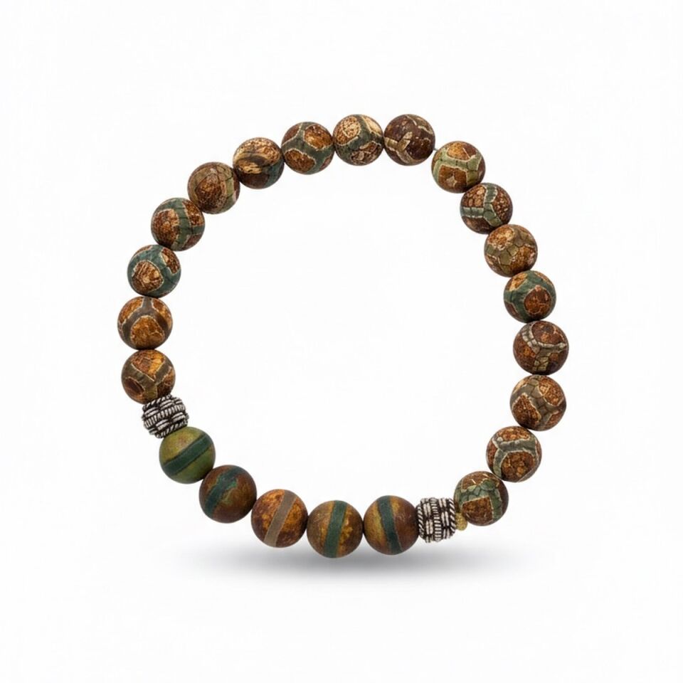 925 AYAR GÜMÜŞ OBJELİ TİBET AKİKİ TAŞLI ESNEK BİLEKLİK