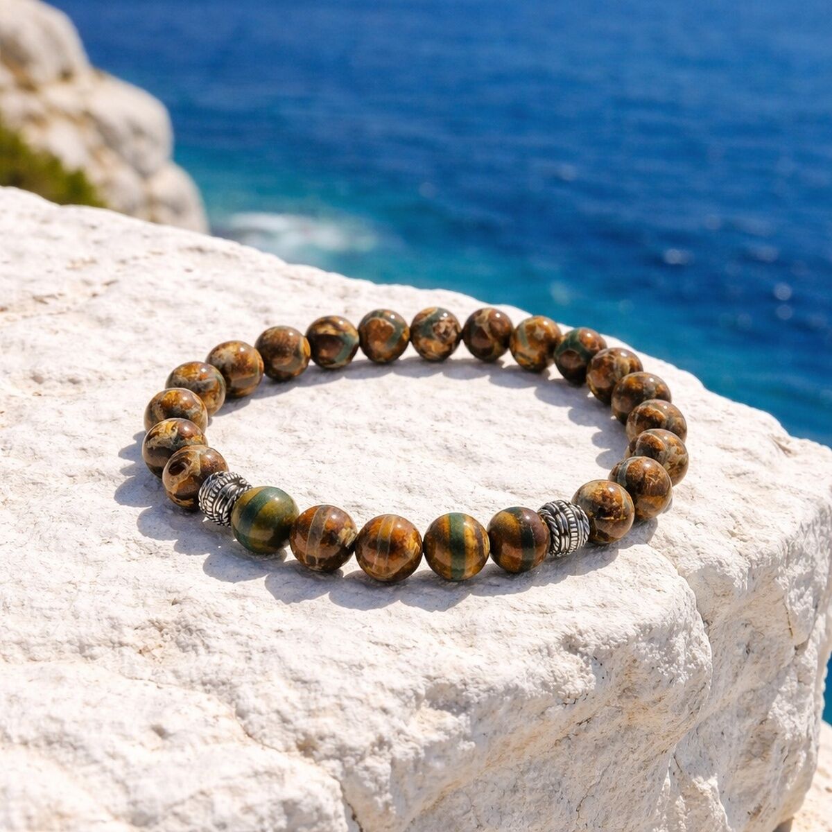 925 AYAR GÜMÜŞ OBJELİ TİBET AKİKİ TAŞLI ESNEK BİLEKLİK