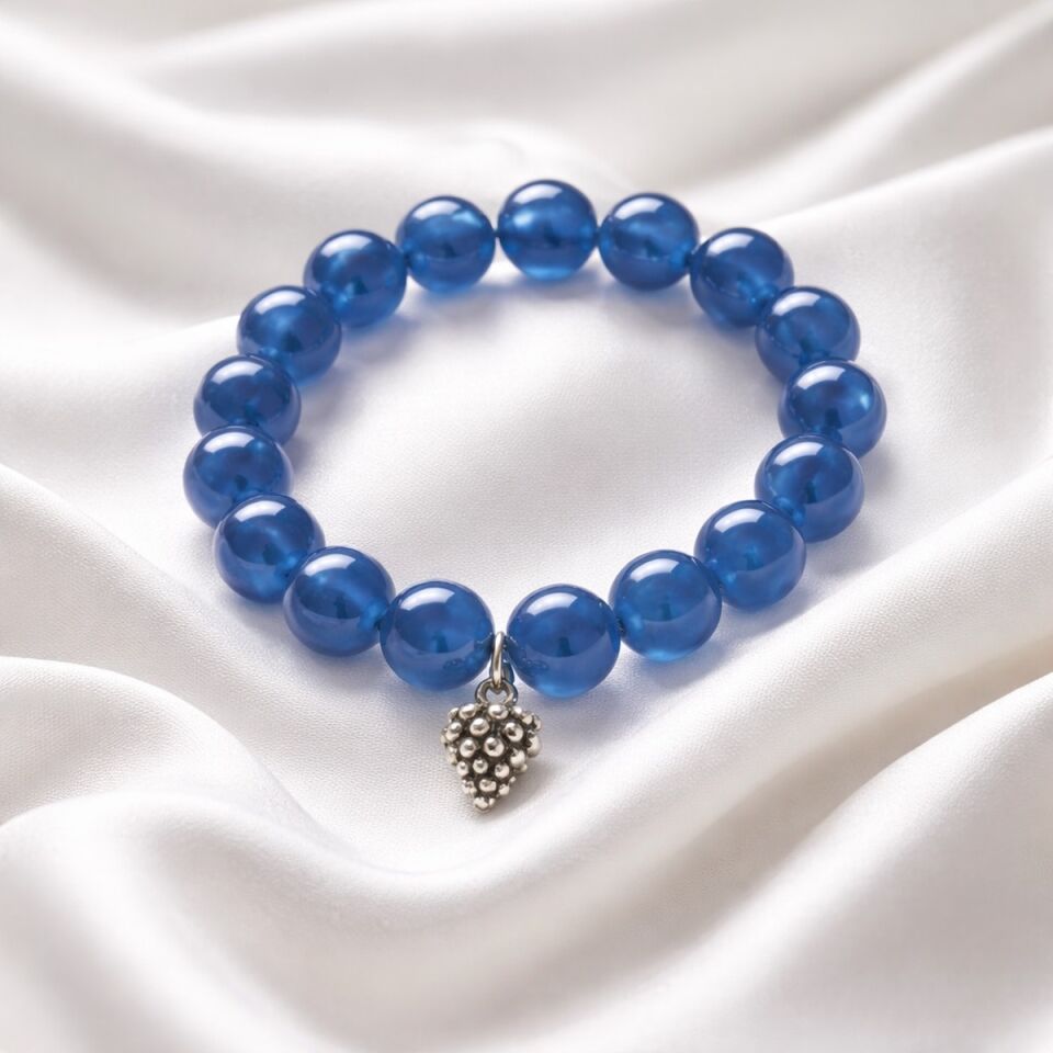 925 AYAR GÜMÜŞ OBJELİ MAVİ AGAT TAŞLI ESNEK BİLEKLİK