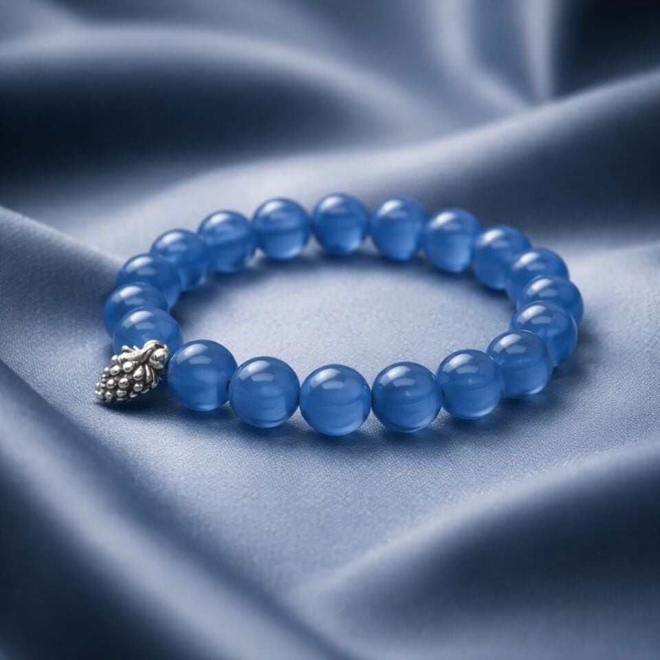 925 AYAR GÜMÜŞ OBJELİ MAVİ AGAT TAŞLI ESNEK BİLEKLİK