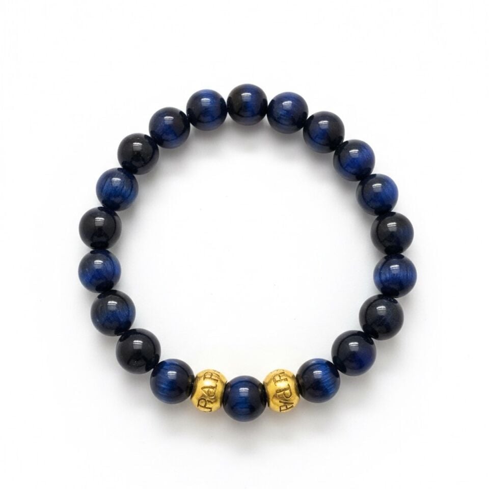 925 AYAR GÜMÜŞ ALTIN RENGİ OBJELİ MAVİ KAPLANGÖZÜ TAŞLI ESNEK BİLEKLİK