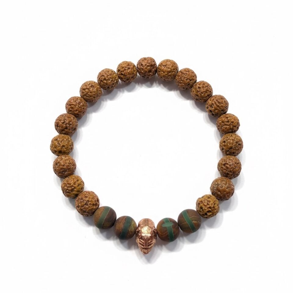 925 AYAR GÜMÜŞ ROSE RENGİ KÖPEK BAŞI OBJELİ LAV TAŞI VE TİBET AKİKİ TAŞLI ESNEK BİLEKLİK