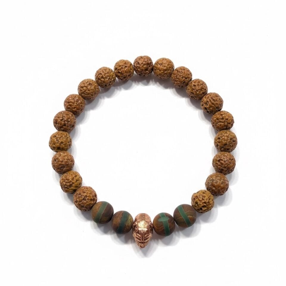 925 AYAR GÜMÜŞ ROSE RENGİ KÖPEK BAŞI OBJELİ LAV TAŞI VE TİBET AKİKİ TAŞLI ESNEK BİLEKLİK