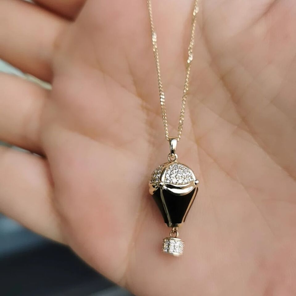 14 AYAR SİYAH MİNELİ ÖZEL TASARIM BALON MODEL ALTIN KOLYE