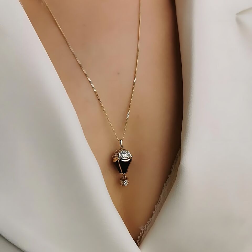 14 AYAR SİYAH MİNELİ ÖZEL TASARIM BALON MODEL ALTIN KOLYE