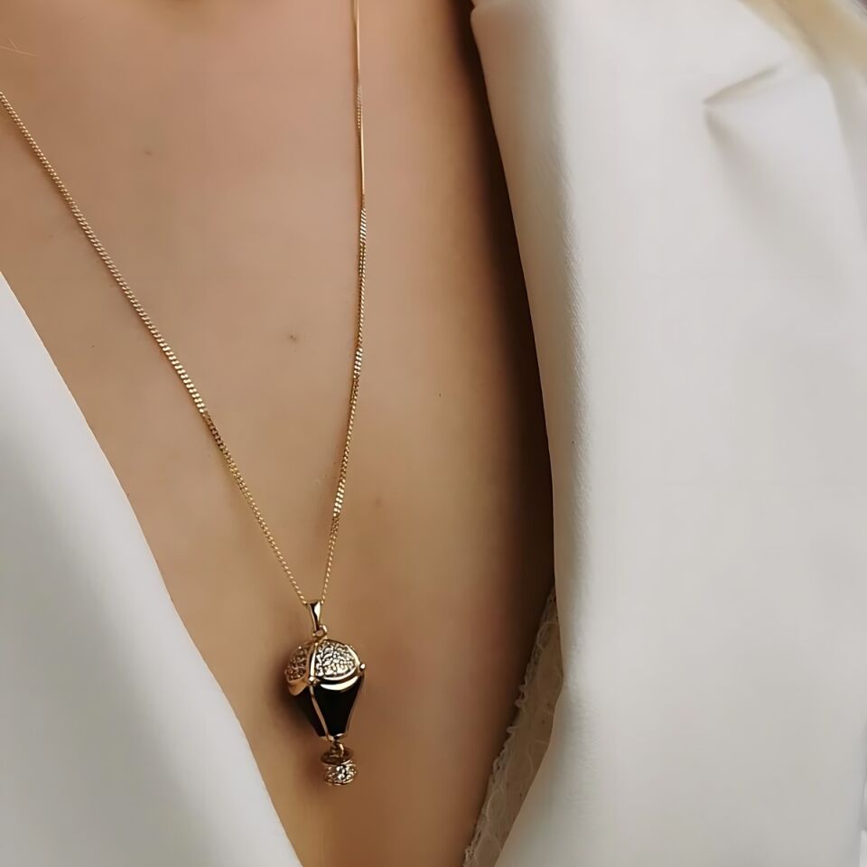 14 AYAR SİYAH MİNELİ ÖZEL TASARIM BALON MODEL ALTIN KOLYE