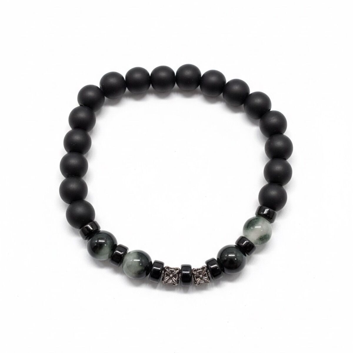 925 AYAR GÜMÜŞ OBJELİ SİYAH MAT ONİKS TAŞLI VE YOSUN AKİK TAŞLI BİLEKLİK