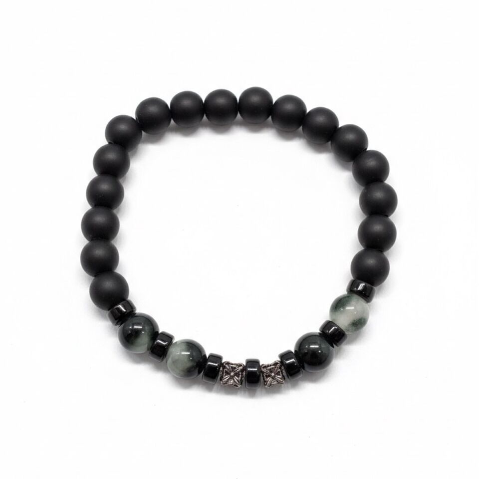 925 AYAR GÜMÜŞ OBJELİ SİYAH MAT ONİKS TAŞLI VE YOSUN AKİK TAŞLI BİLEKLİK