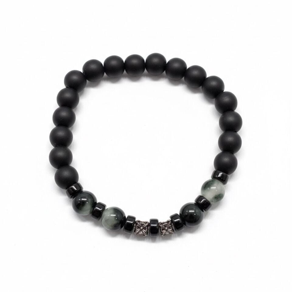 925 AYAR GÜMÜŞ OBJELİ SİYAH MAT ONİKS TAŞLI VE YOSUN AKİK TAŞLI BİLEKLİK