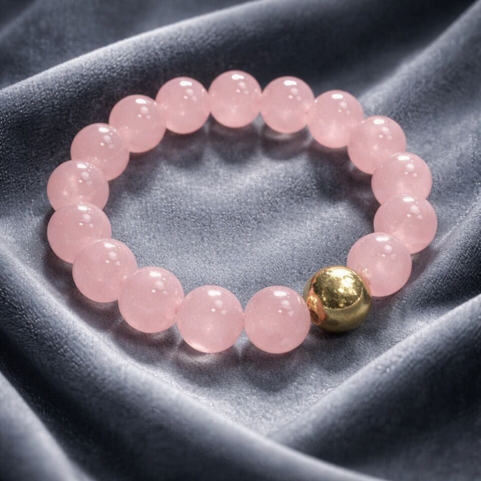 925 AYAR GÜMÜŞ OBJELİ PİNK KUVARS TAŞLI ESNEK BİLEKLİK