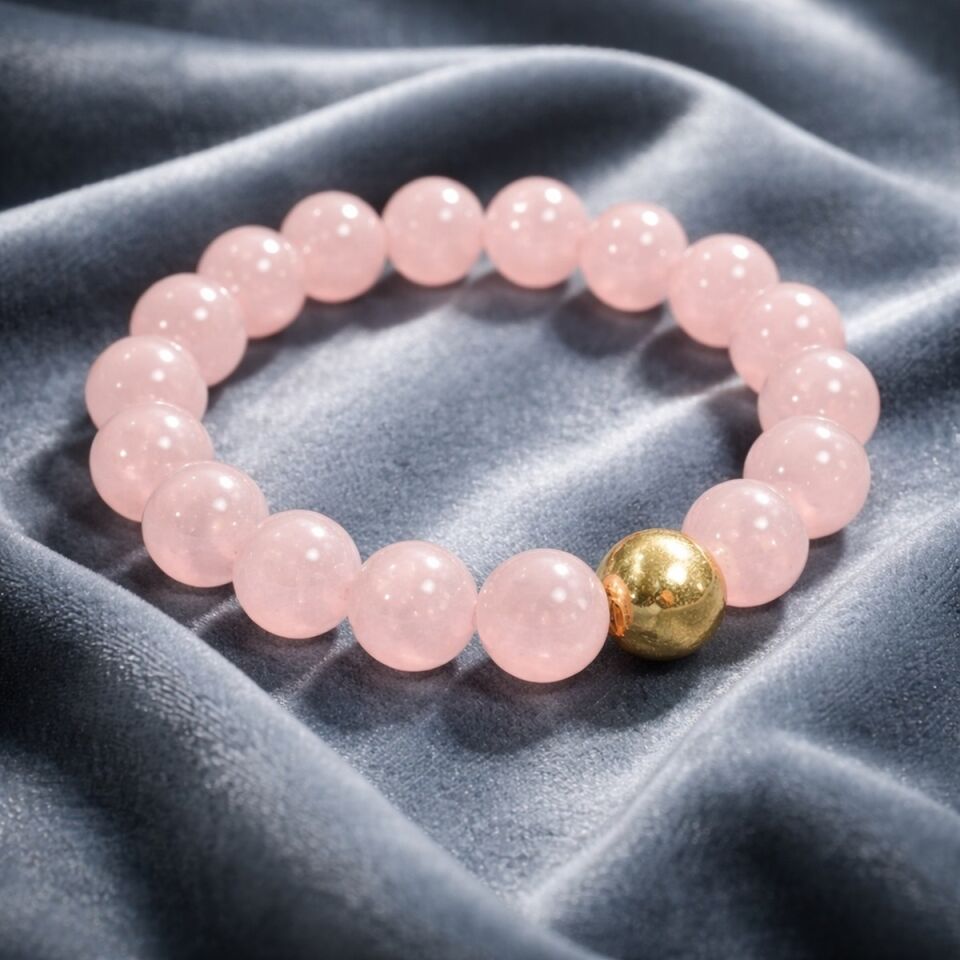 925 AYAR GÜMÜŞ OBJELİ PİNK KUVARS TAŞLI ESNEK BİLEKLİK