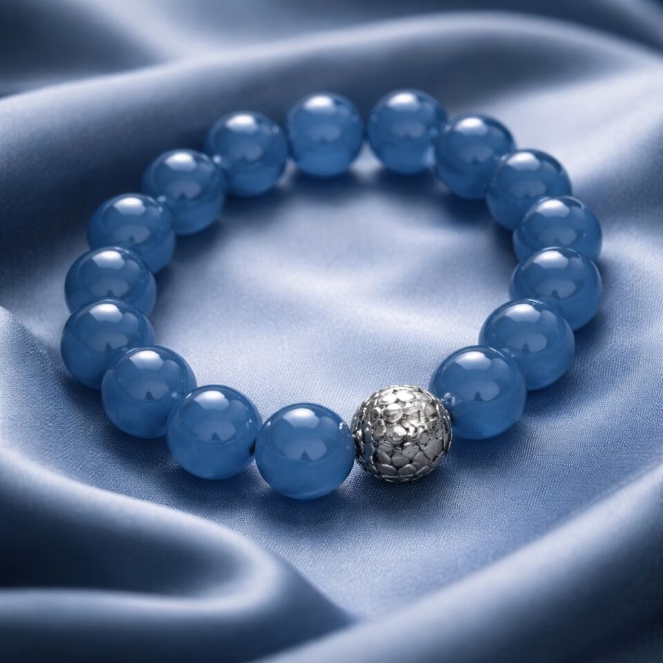 925 AYAR GÜMÜŞ OBJELİ MAVİ AGAT TAŞLI ESNEK BİLEKLİK