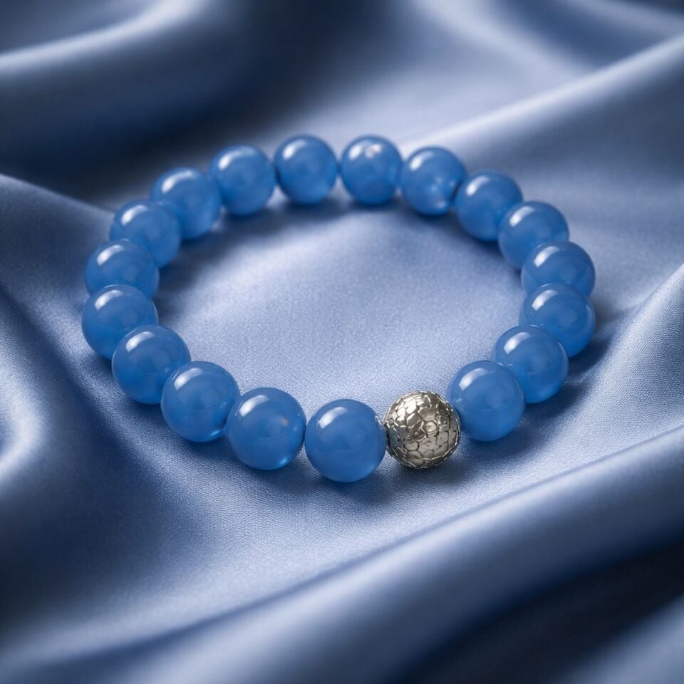 925 AYAR GÜMÜŞ OBJELİ MAVİ AGAT TAŞLI ESNEK BİLEKLİK