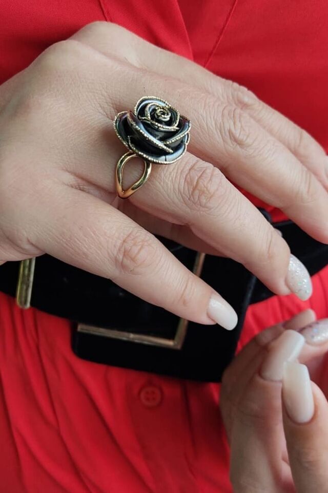 14 Ayar İtalyan Komple Altın, Taşsız Siyah Rodajlı Gül Italyan Altın Yüzük 13