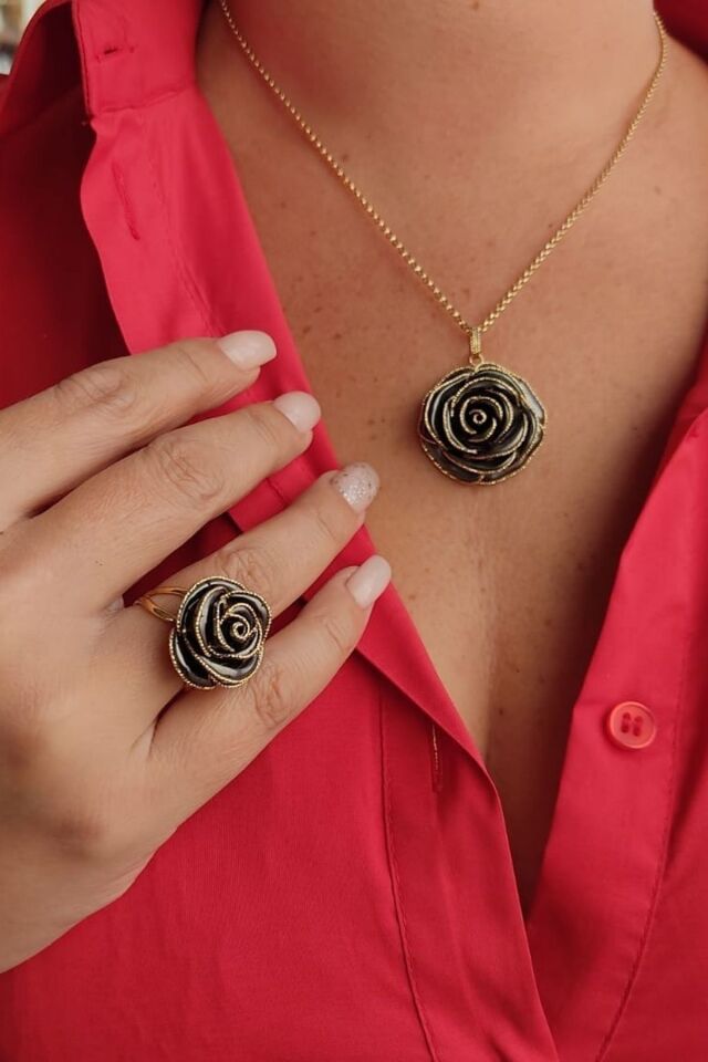 14 Ayar İtalyan Komple Altın, Taşsız Siyah Rodajlı Gül Italyan Altın Yüzük 13