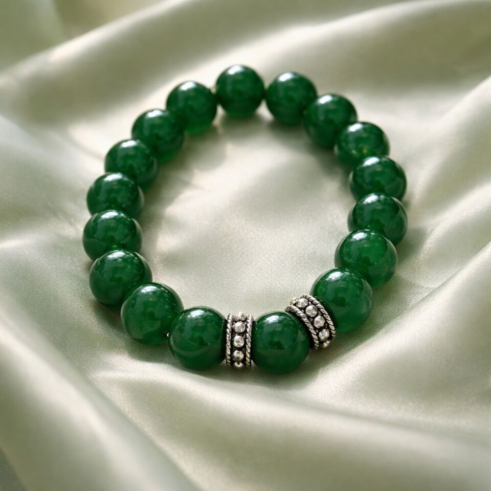 925 AYAR GÜMÜŞ OBJELİ YEŞİL AKİK TAŞLI ESNEK BİLEKLİK