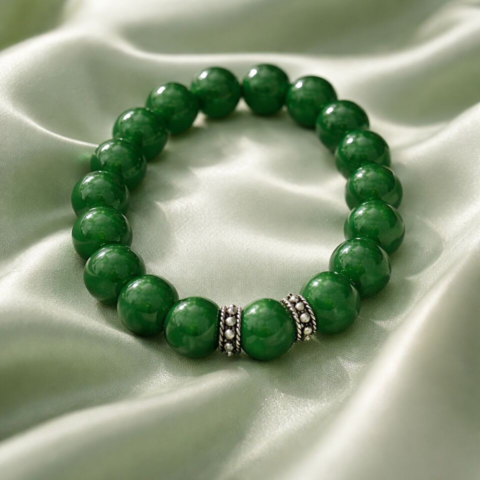 925 AYAR GÜMÜŞ OBJELİ YEŞİL AKİK TAŞLI ESNEK BİLEKLİK