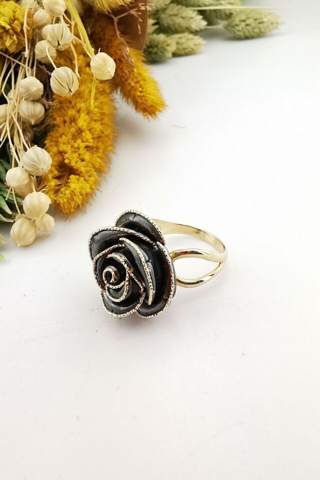 14 Ayar İtalyan Komple Altın, Taşsız Siyah Rodajlı Gül Italyan Altın Yüzük 15