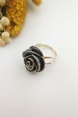 14 Ayar İtalyan Komple Altın, Taşsız Siyah Rodajlı Gül Italyan Altın Yüzük 15