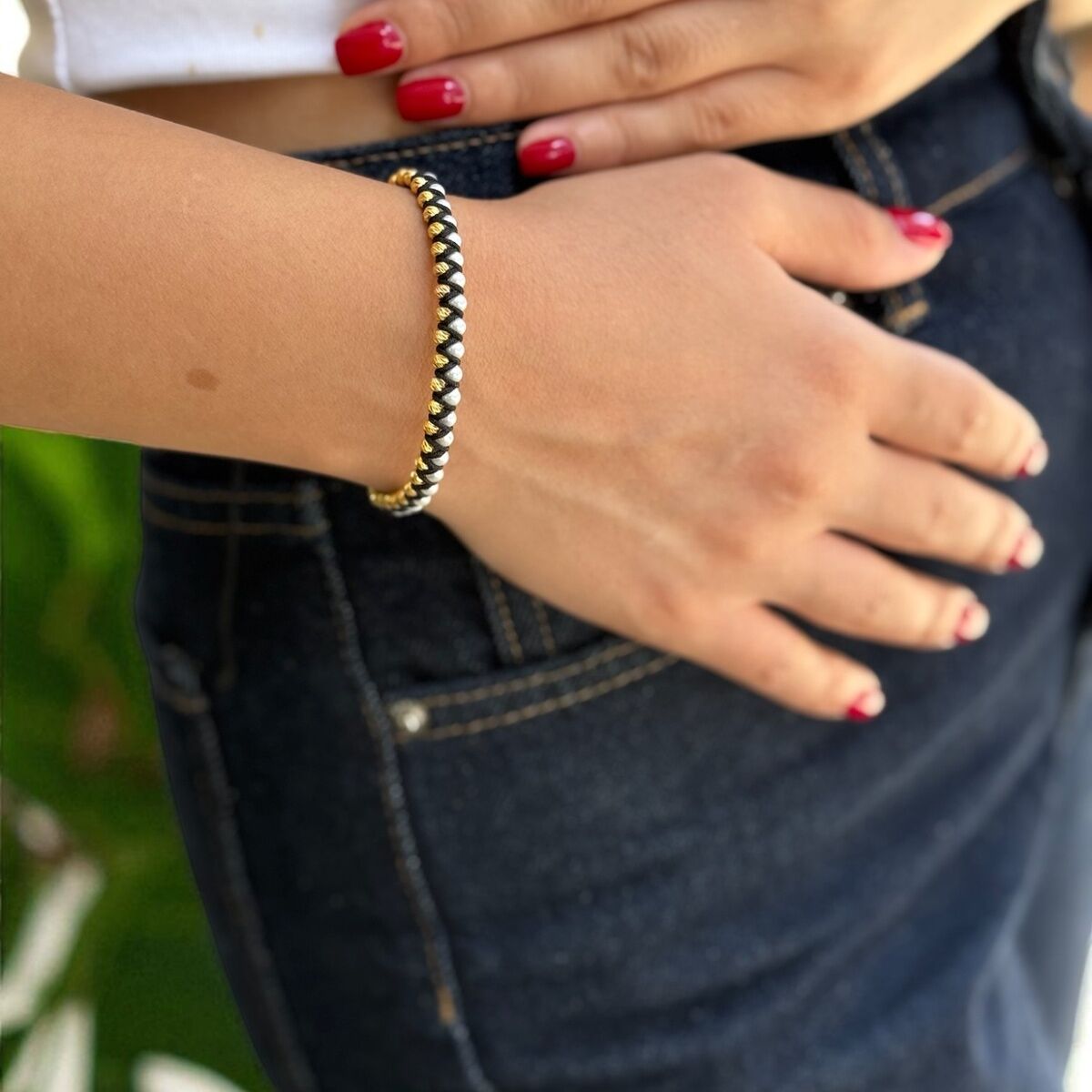 22 AYAR İNCİLİ VE DORİKALI ÖZEL TASARIM ÖRME İP BİLEKLİK