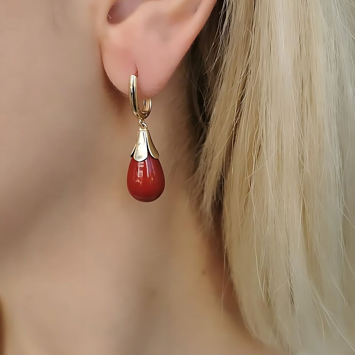 14 AYAR MERCAN RENGİ DROP TAŞLI KIRMIZI ÖZEL TASARIM ALTIN KÜPE