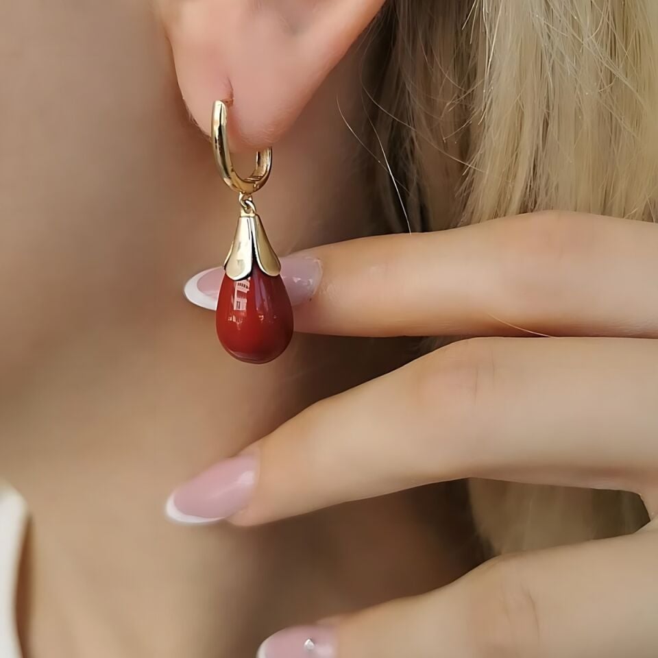 14 AYAR MERCAN RENGİ DROP TAŞLI KIRMIZI ÖZEL TASARIM ALTIN KÜPE